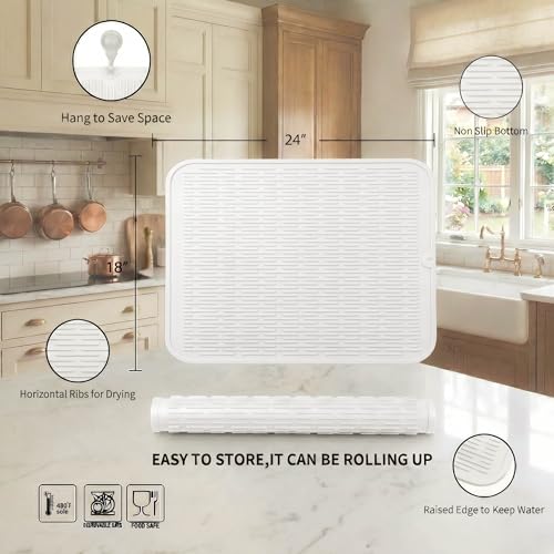 Silicone Dish Drying Mat for Multiple Usage (White / 24"L x 18"W)