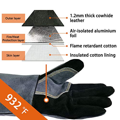 16 In,932℉,Welding Gloves,Fireplace Glove,Fire & Heat Resistant,XL (X-Large (Pack of 1) / Black-gray)