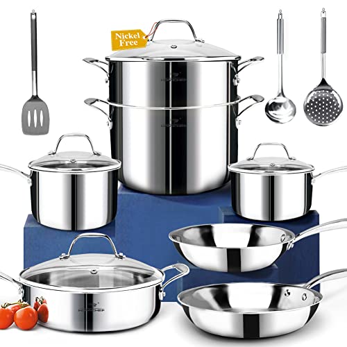 14 Piece Nickel Free Stainless Steel Cookware Set Whole (Mirror Polished Stainless Steel - 6 Years Warrantv / 14 PCS - Whole-Clad 3-PLY)