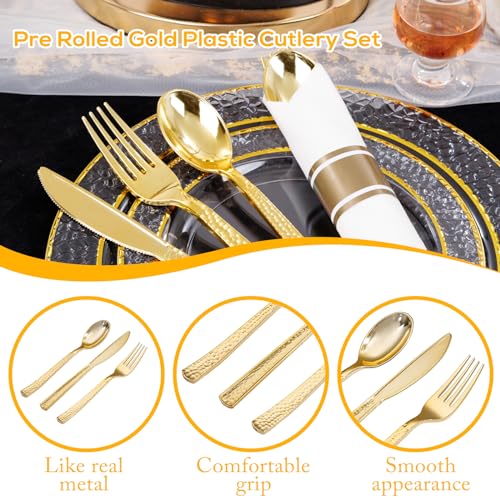 400PCS Gold Wrapped Silverware Set Disposable Hammered for Weddings (Gold - Hammered)