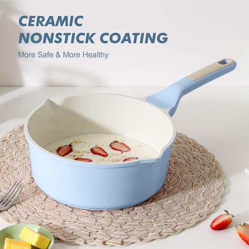Ceramic Nonstick Saucepan with Double Pouring Spout (Glacier Blue / 3 Quarts)