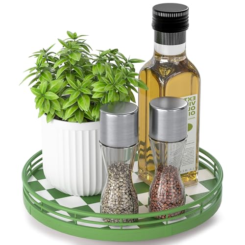 Green and White Checkerboard Lazy Susan with Rubberwood Base and Metal Rail (Green & White / 9 inches)
