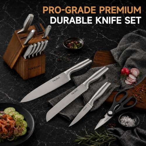 14PCS Knife Set with Block & Sharpener (Upgrade: Silver + Walnut（Built-In Sharpener）)