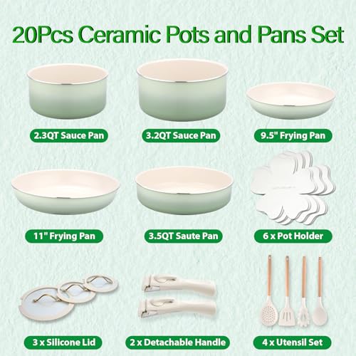 20pcs Ceramic Cookware Set Nonstick (Green / 20 Piece Set)