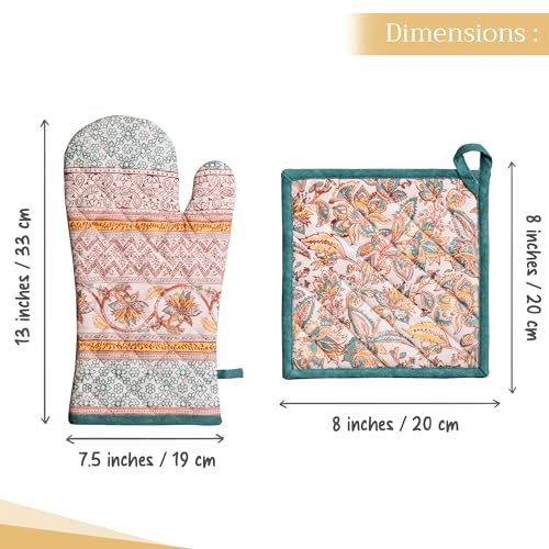 100% Cotton Oven Mitt & Pot Holder Set (047 - Nila / 7.5" x 13" & 8" x 8" (Oven Mitt & Pot Holder))