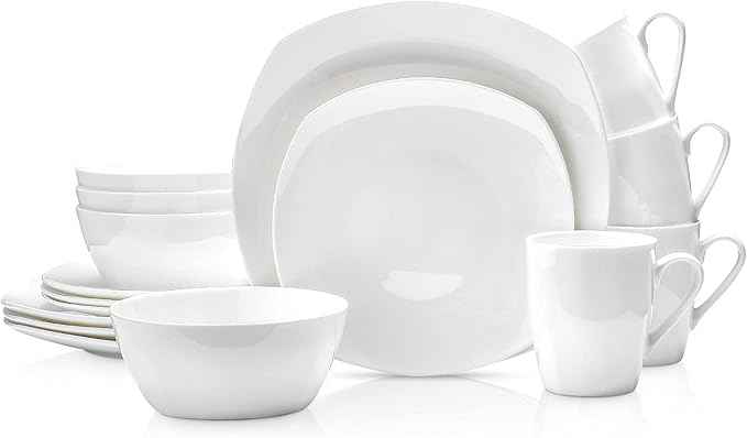 Stone Lain Bone China Soft Square 16 Piece Dinnerware Set, White