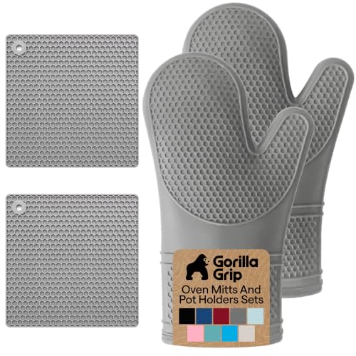 BPA Free Silicone Oven Mitts and Pot Holders Set (Gray / 12.5" Oven Mitts + 7" Trivets)