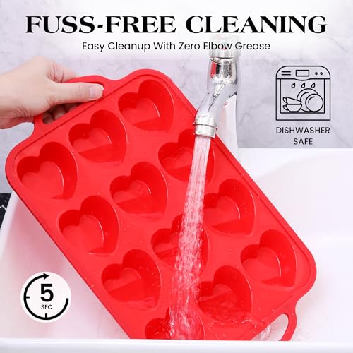 12 Cup Heart Shaped Silicone Muffin Pan for Baking with Metal Frame (Red / 12-Cup Heart)