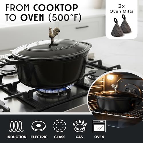 MUELLER HOME 5.5 Quart Enameled Cast Iron Oval Dutch Oven with Rooster Knob & Cotton Potholders (5.5 Quart -Oval / Black)