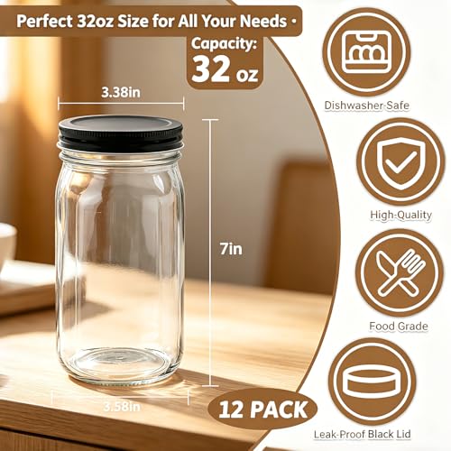 32 OZ Glass Jars with Lids Set of 12 (32oz - Black Lid)