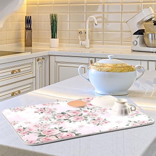 Floral Pink Roses Bouquets Dish Drying Mat for Kitchen Counter Absorbent Microfiber Drying Pad (16" x 18")