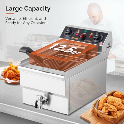 12.5QT Electric Deep Fryer (Single Fryer with Timer & Drain-12.5QT)