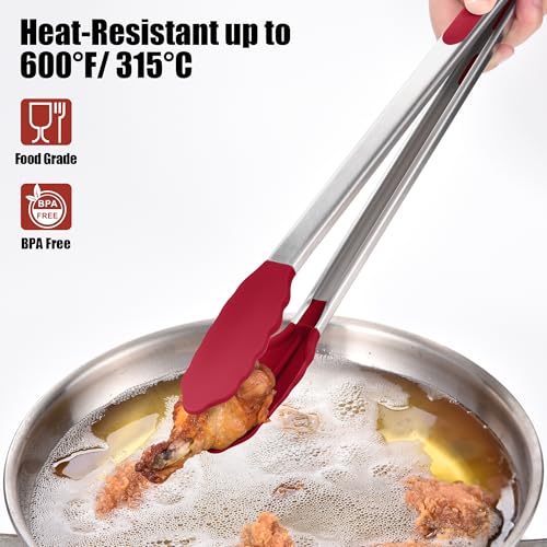 Kitchen Tongs with Silicone Tips for Cooking Serving (16in / Red)