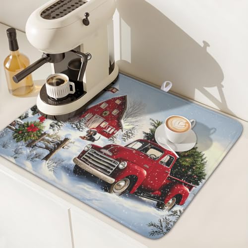 Red Truck Dish Drying Mat Winter Xmas Tree Drainer Rack Pad 16"x18" Microfiber Absorbent Quick Dry Dish Sink Mat for Table Kitchen Counter (Red Truck Snowman / 16x18 inch)