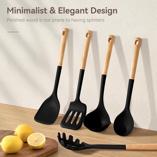 6 Pcs Silicone Kitchen Utensils Set Wood Handle BPA (Black-A / 6 Piece)