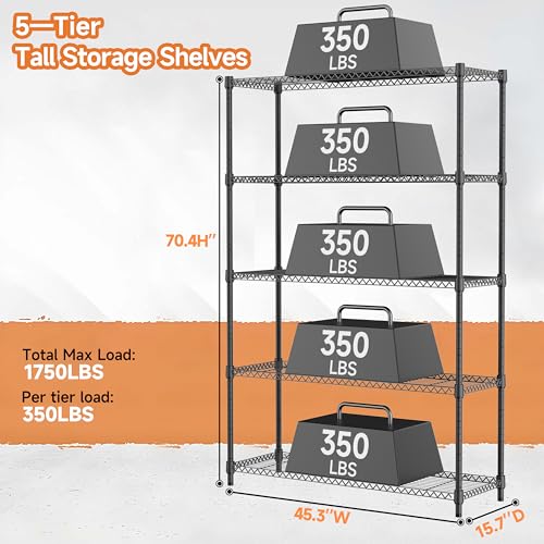 5 Tiers Shelf Metal Storage Shelves Standing 1750 LBs Household Shelf Organizer for Kitchen Pantry Closet Garage Basement Utility Room (5 tier 15.8" D x 45.3" W x 70.4" H / Black)