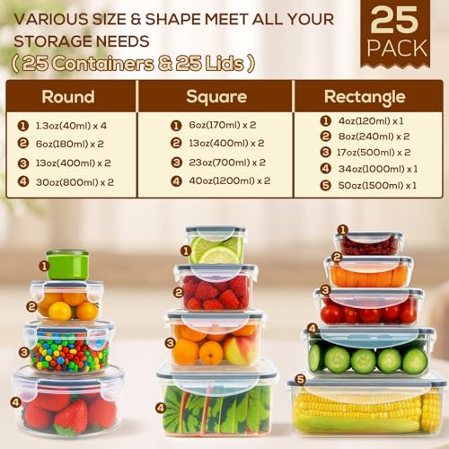 50PCS Thick Food Storage Containers with Airtight Lids for Meal Prep (405oz-25 Pack)