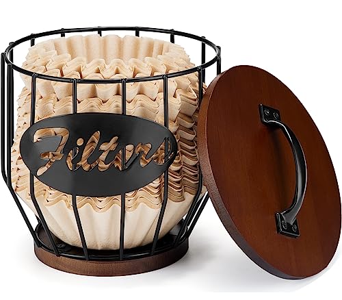 Metal Coffee Filter Storage Holder with Wooden Lid for 8