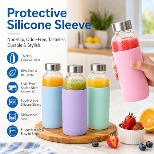 16 oz Glass Water Bottles with Lids and Silicone Sleeve 4 Pack (16oz silicone sleeve-4pack / 16 Ounces)