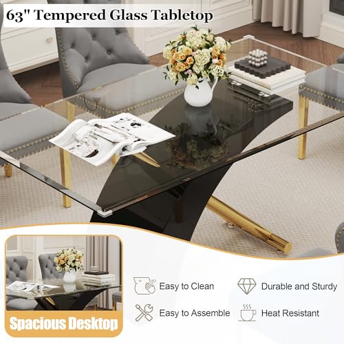 7 Piece Glass Dining Table Set for 6 (Black Table & Gold Grey Chair / 7-Piece Set-X-Shaped Table)
