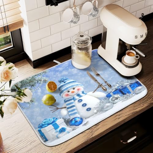 Christmas Snowman Winter Dish Drying Mat for Kitchen Counter Absorbent Microfiber Large Drying Pad Dish Mats Snowflake for Kitchen Countertops 18 x 24 Inch (Christmas Snowman Blue / 24" x 18")