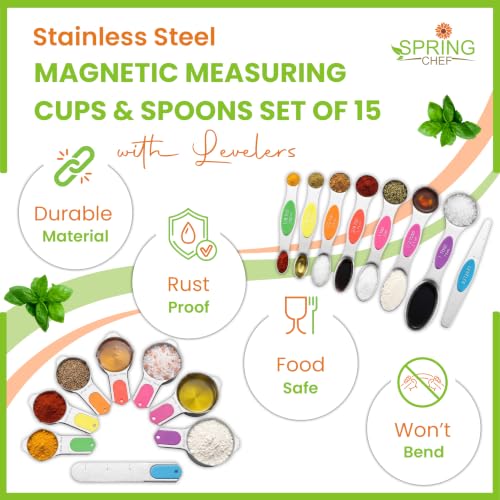 Magnetic Measuring Cups & Spoons Set of 15 with Levelers (Neon)