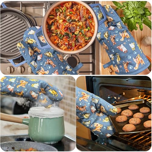 Oven Mitts 1 Pair (Cat, Blue Mitts)