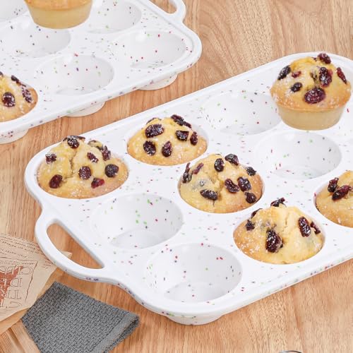Silicone Muffin Pan with Metal Frame (White Confetti / 12-Cup Regular)