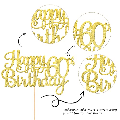 1 PCS Happy 60th Birthday Cake Topper Gold Glitter Cheers to 60 Years Birthday Cake Pick 60 Fabulous Cake Decoration for Happy 60th Birthday Anniversary Party Decorations Supplies (Gold / 60th)
