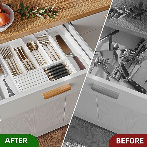 Silverware Drawer Organizer Bamboo Knife Organizer Drawer Insert Expandable Utensil Holder for Kitchen Drawer Flatware Holder W12.8 (White)