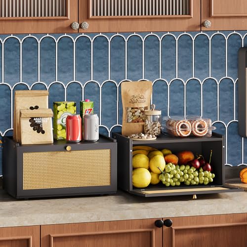 Rattan Bamboo Bread Box for Kitchen Counter Large Capacity Bread Storage Bin Farmhouse Bread Storage Container Rustic Bread Holder (Black)