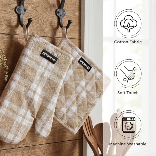 Oven Mitts and Pot Holders Set (Oven Glove + Pot Holder / Franca Beige Checks)
