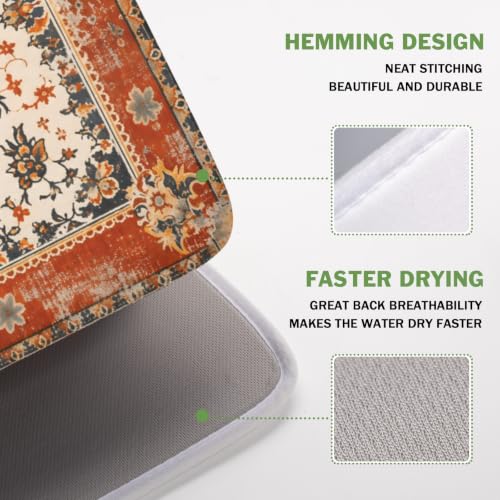 Ethnic Boho Dish Drying Mat Rust Coral Floral Decorative Dishes Pad 16x18 Inch Absorbent Fast Dry Drainer Rack Mats for Kitchen Countertop (Ethnic Boho Orange / 16x18 inch)