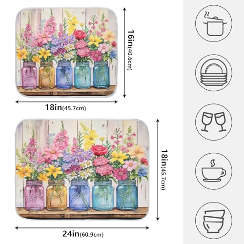 Spring Floral Jars Rustic Dish Drying Mat for Kitchen Counter Absorbent Microfiber Small Drying Pad Flowers Dish Mats for Kitchen Countertops 16 x 18 Inch (18" x 16")