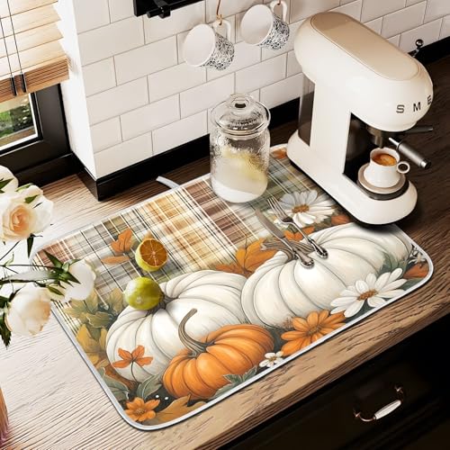 Autumn Fall Thanksgiving Dish Drying Mat for Kitchen Counter Absorbent Microfiber Small Orange White Pumpkin Small Drying Pad Dish Mats for Kitchen Countertops 16 x 18 Inch (Thanksgiving Pumpkins / 18" x 16")