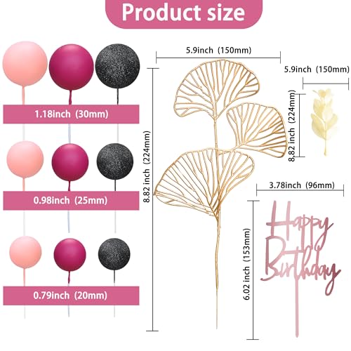 57Pcs Balls Cake Topper Boho Grass Cake topper Pearl Balls Acrylic Happy Birthday Cake Decorations for Wedding Baby Shower Birthday Boho Themed Party Supplies Black Pink Rose Red (Black Pink Rose Red)