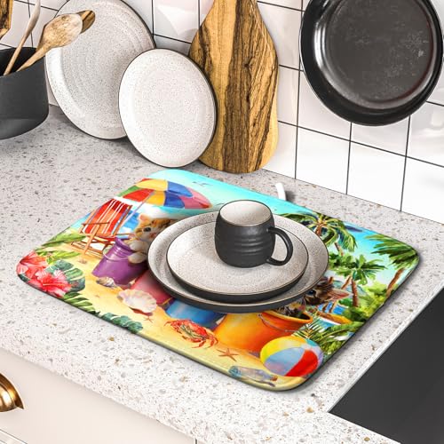 Summer Dish Drying Mat for Kitchen Counter 18 X 16 in Cute Cat Beach (Lovely Cat Blue / 18" x 16")