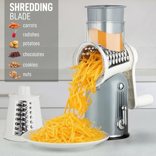 Rotary Cheese Grater Manual Hand Crank 5 Blade Shredder (5 Blades / Classic | Gray)