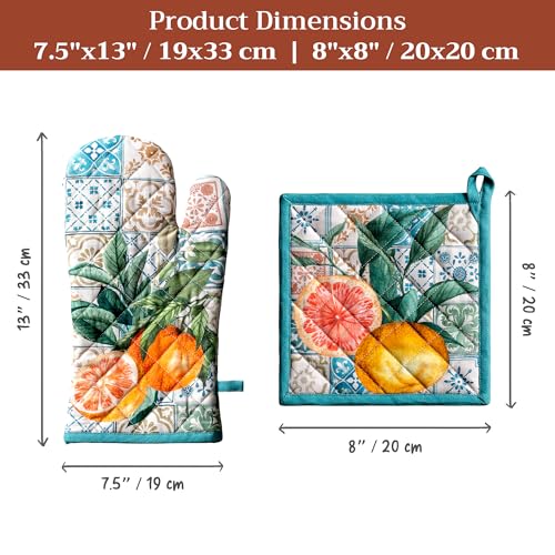 100% Cotton Oven Mitt & Pot Holder Set (010 - Agrume / 7.5" x 13" & 8" x 8" (Oven Mitt & Pot Holder))