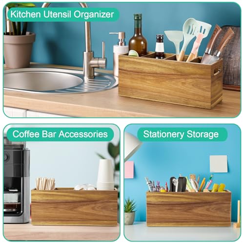 Acacia Wood Utensil Holder with Removable Divider (Acacia / 4 Compatment)