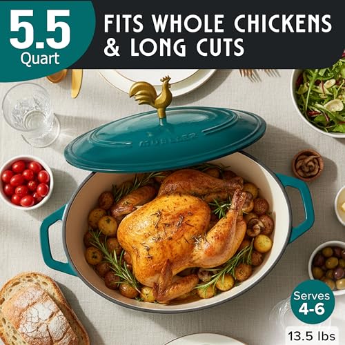 MUELLER HOME 5.5 Quart Enameled Cast Iron Oval Dutch Oven with Rooster Knob and Cotton Potholders (5.5 Quart -Oval / Emerald Green)