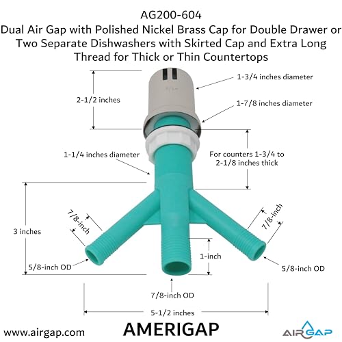 Dual Air Gap with Polished Nickel Brass Cap for Double Drawer or Two Separate Dishwashers with Skirted Cap and Extra Long Thread for Thick or Thin Countertops (AG200-604)