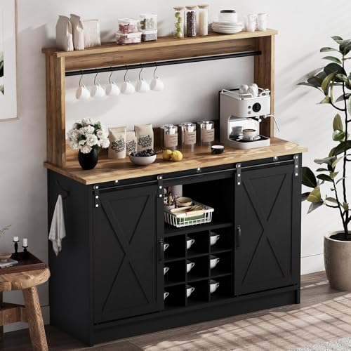 47" Farmhouse Coffee Bar Cabinet with Storage Hutch (47Inch / Black)