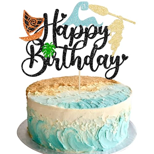 1Pcs Summer Cake Topper Glitter Tree Flower Happy Birthday Cake Pick Decoration for Tropical Hawaiian Luau Theme Baby Shower Kids Birthday Party Cake Decorations Supplies Black (Black 4)