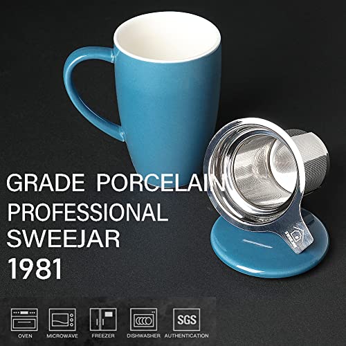 Sweejar Porcelain Tea Infuser Mug with Lid (Fog blue / Tea Cup(16 Fl Oz))