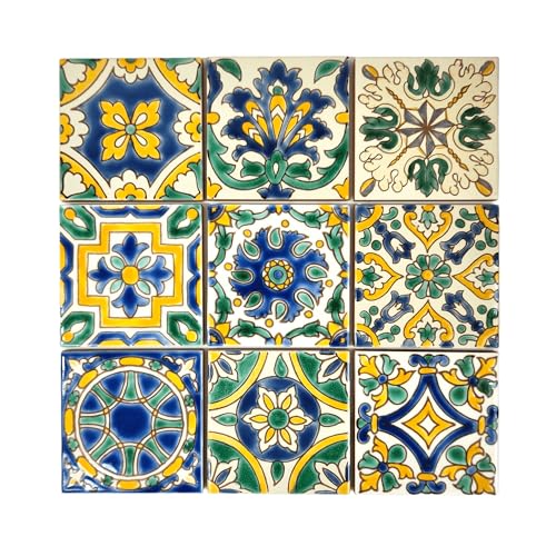 Set of 9 Decorative Ceramic Tiles (Mediterranean / 4" x 4" (9 Tiles - 1 Sq Ft))