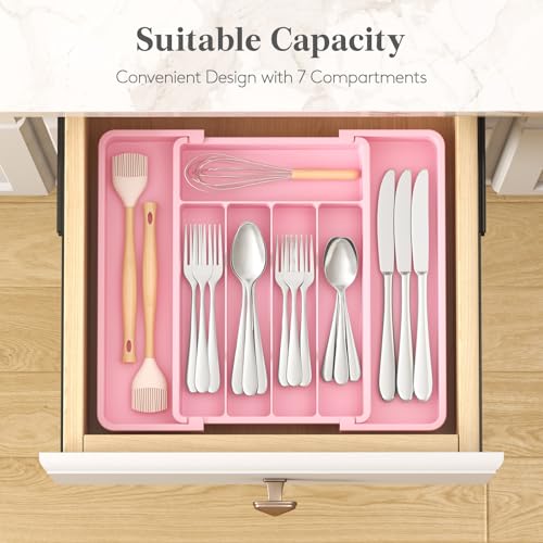 Expandable Silverware Drawer Organizer (Pink / Medium Wide(8.5-14''W x 12''D))