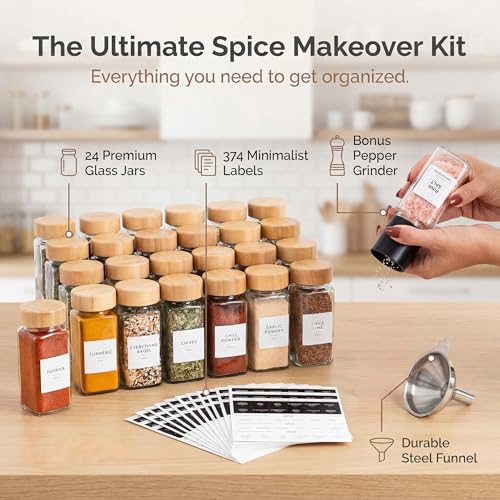 Glass Spice Jars with Label (Square Spice Jars with Bamboo Lids)