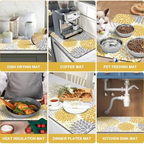 2Pcs Fall Dish Drying Mat & Sink Splash Guard (Yellow / 12" X 20" + 24" X 5.5")