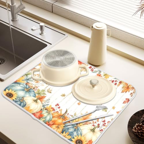 Thanksgiving Dish Drying Mat for Kitchen Counter Absorbent Microfiber Pumpkin Sunflower Fall Autumn Large Drying Pad Dish Mats for Kitchen Countertops 18 x 24 Inch (Thanksgiving Pumpkin / 24" x 18")